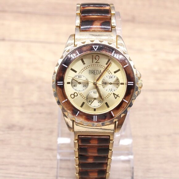 BREDA Chronograph Watch Womens Gold Tone Classic Stainless Steel Leopard Band - Picture 2 of 9